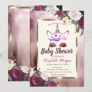 Glitter Einhorn,Bokeh,Burgunder Florales Babyshop Einladung