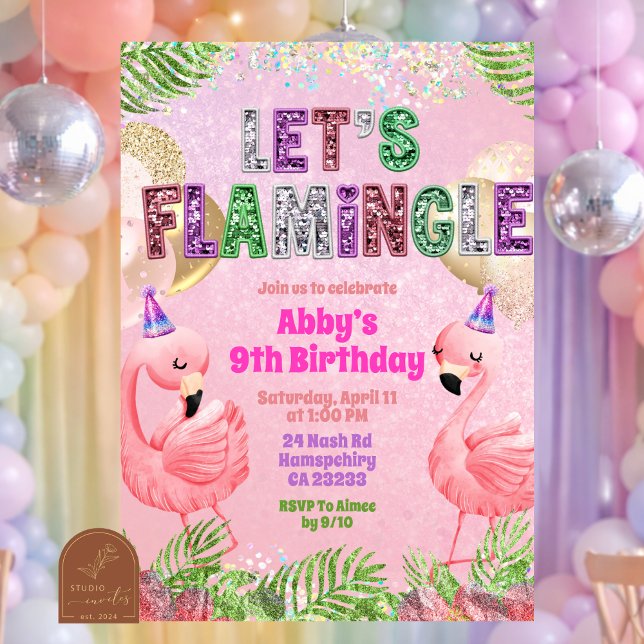 Glitter Flamingle Sequin Mädchen Geburtstag  Einladung (Von Creator hochgeladen)