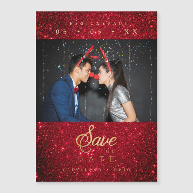 Glitter Fun Photo Christmas Couple Whimsical Font Magnetkarte (Vorderseite)