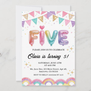 Glitter FÜNF Girly Regenbogen Pailletten 5. Geburt Einladung