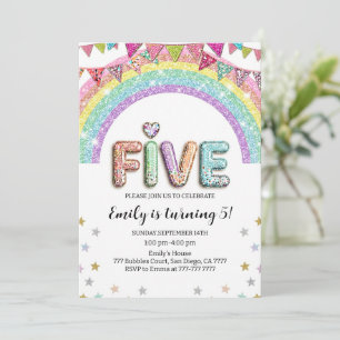 Glitter FÜNF Mädchen Regenbogen Pailletten 5. Gebu Einladung