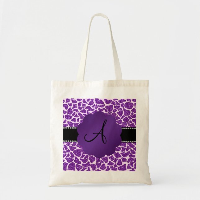 Glitter-Giraffendruck des Monogramms lila Tragetasche (Vorne)