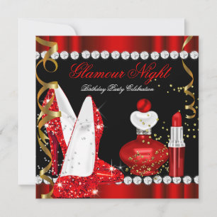 Glitter Glamour Nacht Rot Gold Schwarz Party Einladung