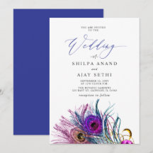 Glitter Gold Blau Lila Pfau Feder Hochzeit