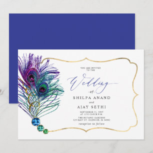 Glitter Gold Blau Lila Pfauenfeder Hochzeit Einladung