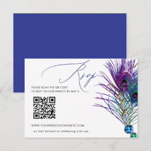 Glitter Gold Blau Lila Pfauenfeder QR CODE RSVP Karte