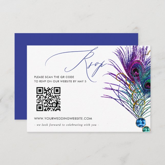 Glitter Gold Blue Purple Peacock Plume QR CODE RSVP Karte (Vorne/Hinten)