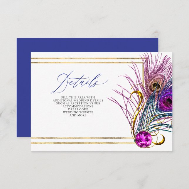 Glitter Gold Blue Purple Peacock Plume Wedding Begleitkarte (Vorne/Hinten)