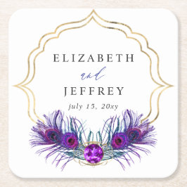 Glitter Gold Blue Purple Peacock Plume Wedding Rechteckiger Pappuntersetzer