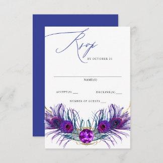 Glitter Gold Blue Purple Peacock Plume Wedding  RSVP Karte