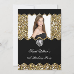 Glitter Gold Diamant Herz Foto Jeder Geburtstag 2 Einladung