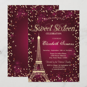 Glitter Gold Eiffelturm Diamanten Rot Sweet 16 Einladung