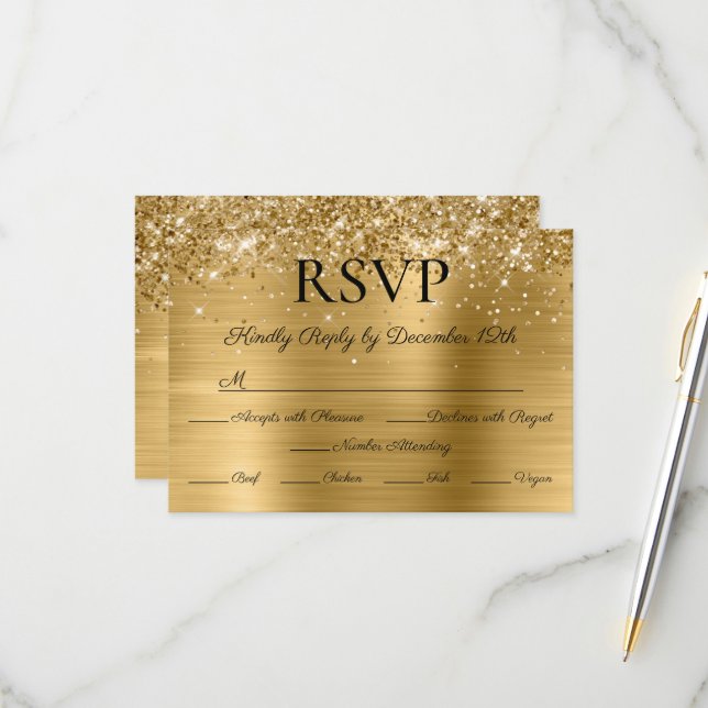 Glitter Gold Foil Elegant Calligraphy Wedding RSVP Karte (Vorderseite/Rückseite Beispiel)