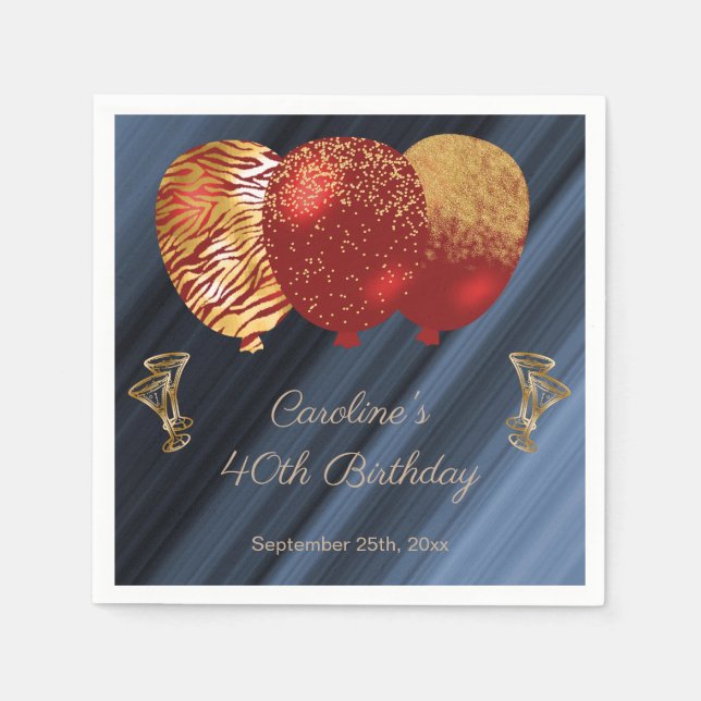 Glitter & Gold rote Luftballons Geburtstagsserviet Serviette (Vorderseite)