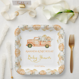Glitter Gold Süße Kürbisse Lastwagen Baby Shower Pappteller