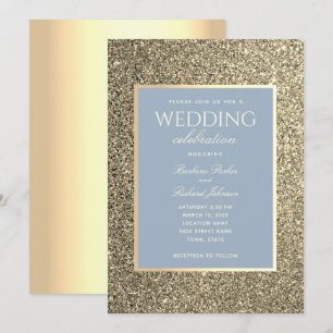 Glitter Gold und Dusty Blue Hochzeits-Einladung Einladung