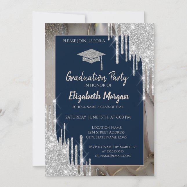 Glitter GradCap,Silver Drips,Marble Navy Blue Einladung (Vorderseite)