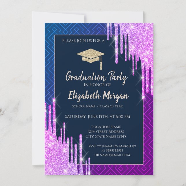 Glitter Graduation Cap,Drips Geometric Graduation Einladung (Vorderseite)