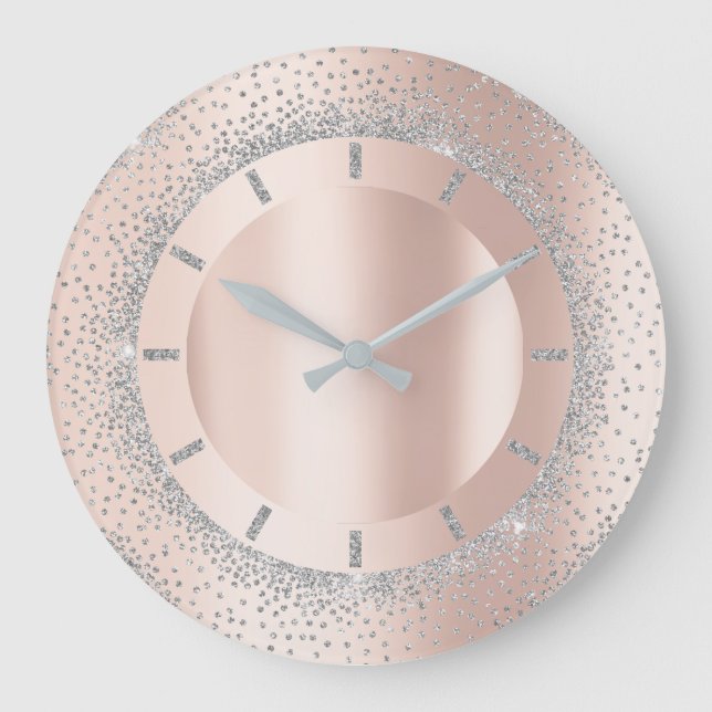 Glitter Grey Rose Gold Metal Blush Crystals Große Wanduhr (Vorderseite)