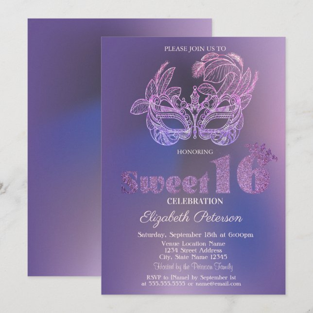 Glitter-Maske Violett Sweet 16 Einladung (Vorne/Hinten)
