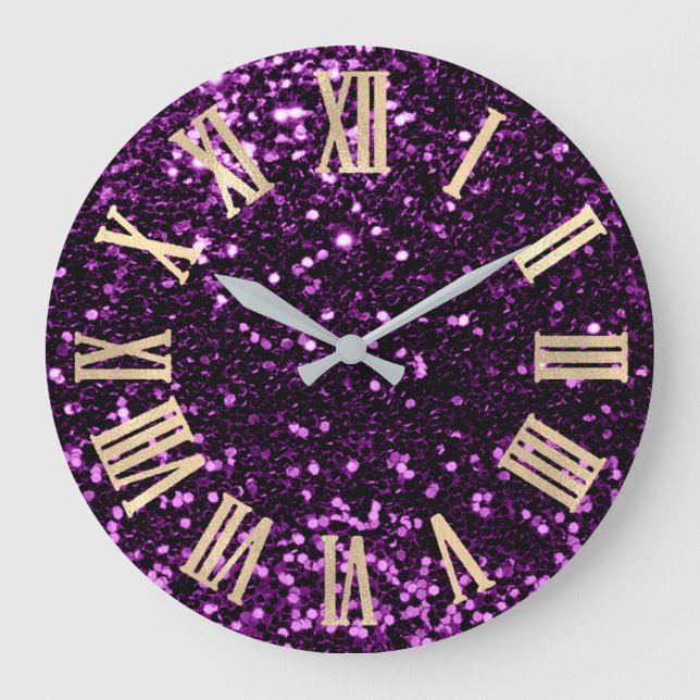 Glitter Metallic Roman Numbers Purple Plum Gold Große Wanduhr (Vorderseite)