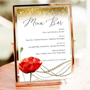 Glitter Mohn Elegante Hochzeits-Menükarten-Bar-Sch Poster