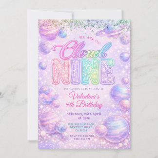 Glitter Pastel Rainbow Space Birthday Party Einladung