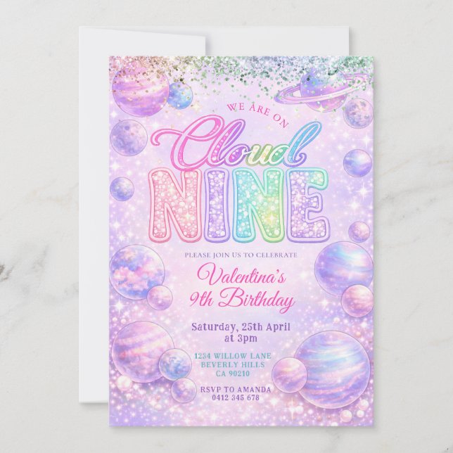 Glitter Pastel Rainbow Space Birthday Party Einladung (Vorderseite)