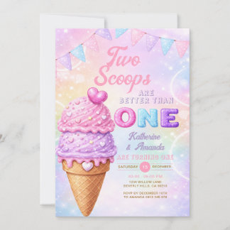 Glitter Pastel Twin Birthday Ice Cream Party Einladung
