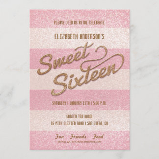 Glitter Pink Bold Stripes 16 . Geburtstag Party Einladung