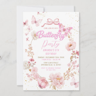 Glitter Pink Garden Watercolor Butterfly Birthday Einladung