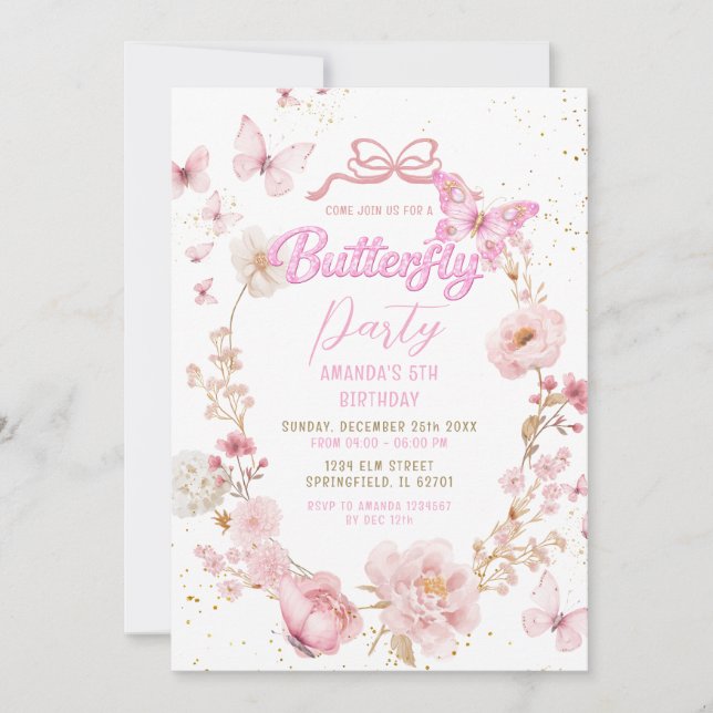 Glitter Pink Garden Watercolor Butterfly Birthday Einladung (Vorderseite)