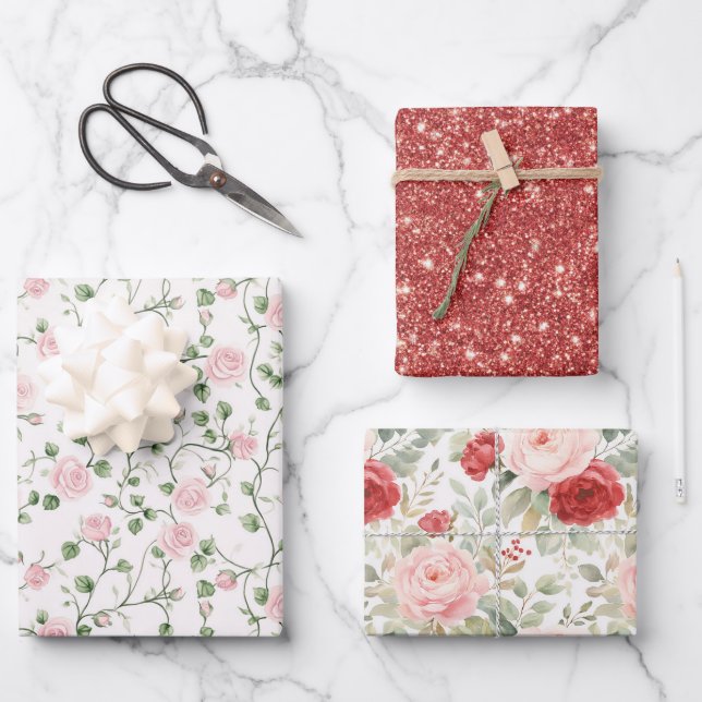 Glitter Pink Red Rosen Floral-Brautdusche Geschenkpapier Set (Vorderseite)