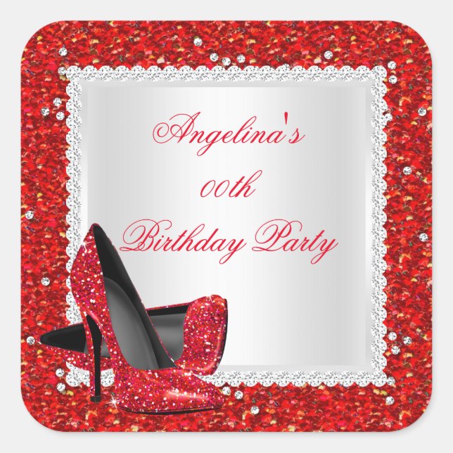 Glitter Red High Heels Birthday Party Diamond Quadratischer Aufkleber (Vorderseite)