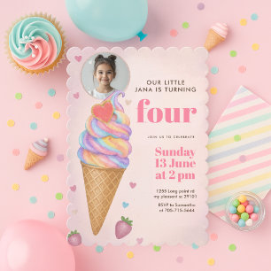 Glitter Regenbogen-Eiscreme-Kegel Foto Geburtstag Einladung