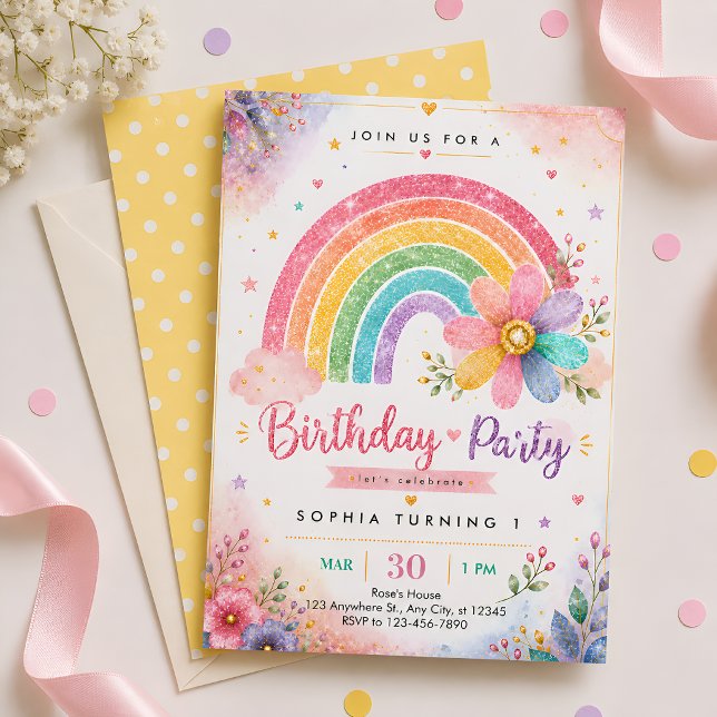Glitter Regenbogen Erster Geburtstag Einladung (Von Creator hochgeladen)