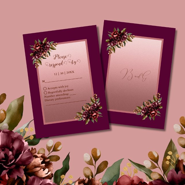 glitter Rose Gold Script - Burgundy floral wedding RSVP Karte (Von Creator hochgeladen)