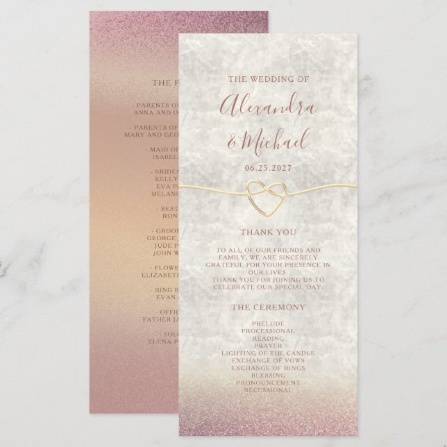 Glitter-Roségoldene Hochzeitsprogramm (Vorne/Hinten)