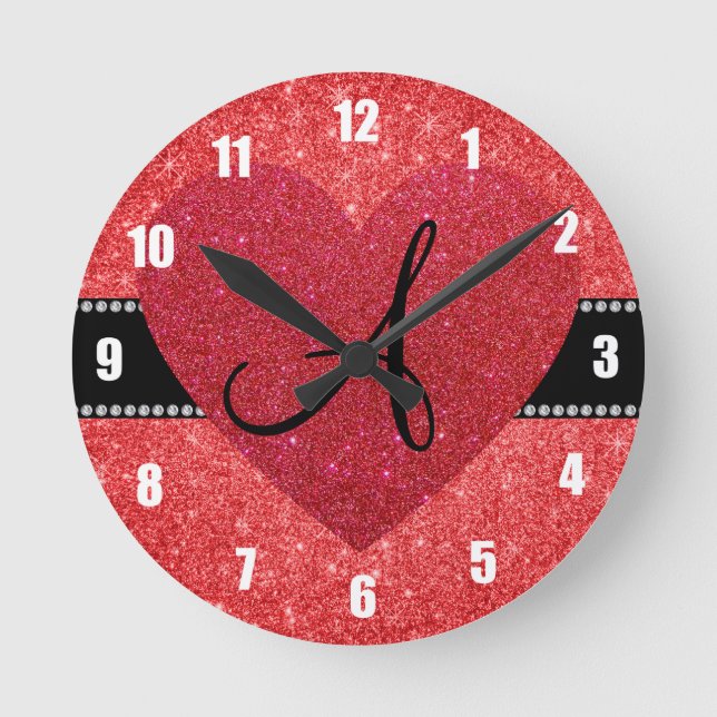Glitter-Rotherz des Monogramms rotes Runde Wanduhr (Vorderseite)