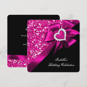 Glitter Royal Hot Pink Herz Schleife Schwarz Party Einladung