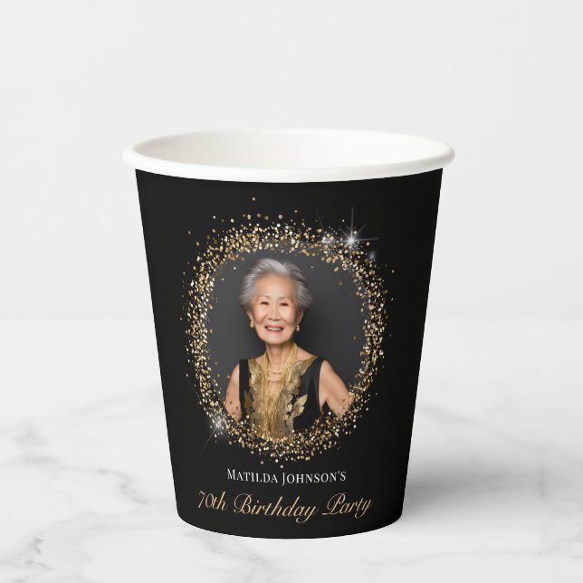Glitter Schwarz Gold 70. Geburtstag Pappbecher (Vorderseite)
