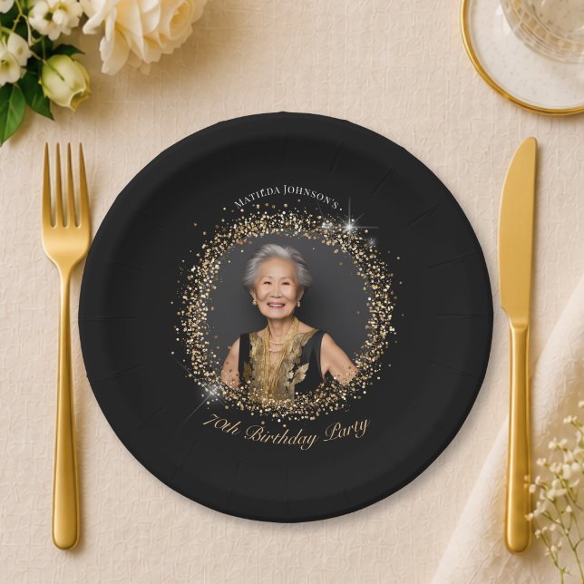 Glitter Schwarz Gold 70. Geburtstagsfeier Pappteller (Glitter Black Gold 70th Birthday Party Paper Plates)