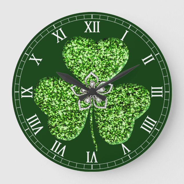 Glitter Shamrock And Flower Roman Numeral Clock Große Wanduhr (Vorderseite)
