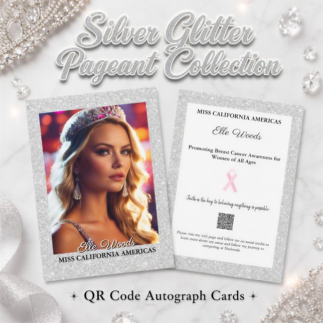 Glitter Shine Pageant Autogrammkarten | QR-Code Einladung (Promote your platform, create a keepsake of your reign, with silver glitter pageant autograph cards )