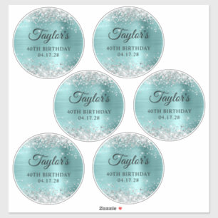 Glitter Silber & Türkis 40. Geburtstag 5" Kreis Aufkleber