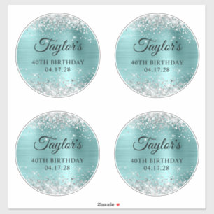 Glitter Silber & Türkis 40. Geburtstag 6" Kreis Aufkleber