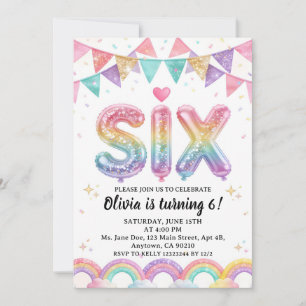Glitter SIX Mädchen Regenbogen Pailletten 6. Gebur Einladung