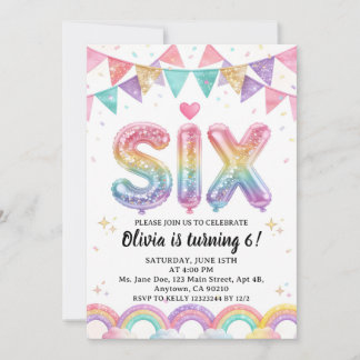Glitter SIX Mädchen Regenbogen Pailletten 6. Gebur Einladung