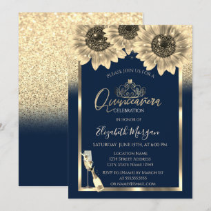 Glitter, Sonnenblumen, Glas-Tiara Blaue Quinceaner Einladung