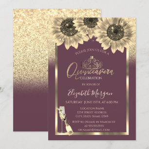 Glitter,Sonnenblumen,Tiara Burgunder Quinceanera Einladung